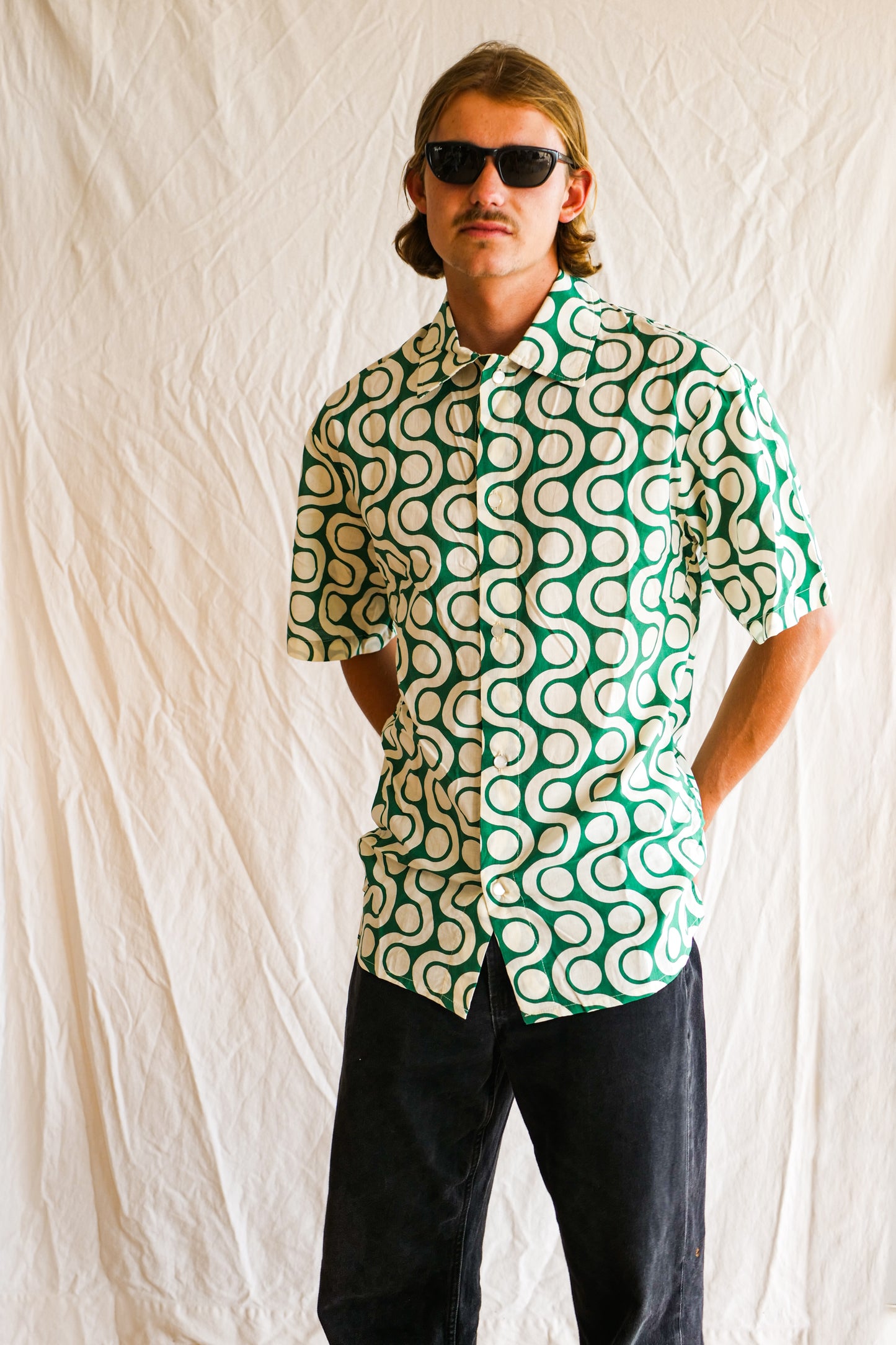 Men's Button up shirt- The Classic in Green & White Jazz